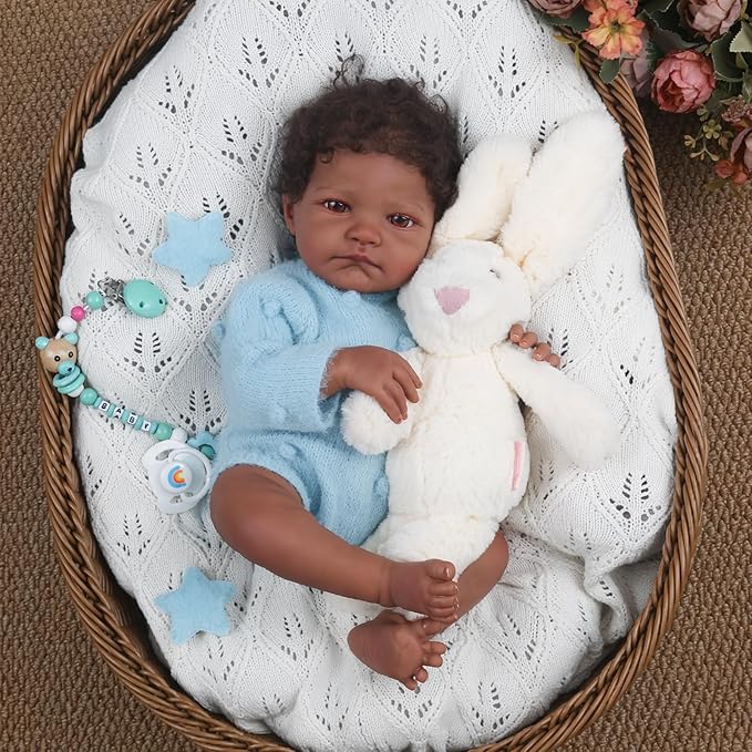 WOOROY Realistic Reborn Baby Dolls Black – 18-Inch African American Real Life Baby Doll Boy with Curly Hair and Open Eyes, Lifelike Gift Toy with Doll Accessories for Kids Ages 3+