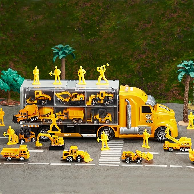 JOYIN 25 in 1 Kids Construction Truck Toy Set, 24Pcs Push and Go Cars and Worker Figures, Toddler Play Vehicles with Sounds and Light, Christmas Birthday Gifts Toys for 3 4 5 6 7 Years Old Grandkids