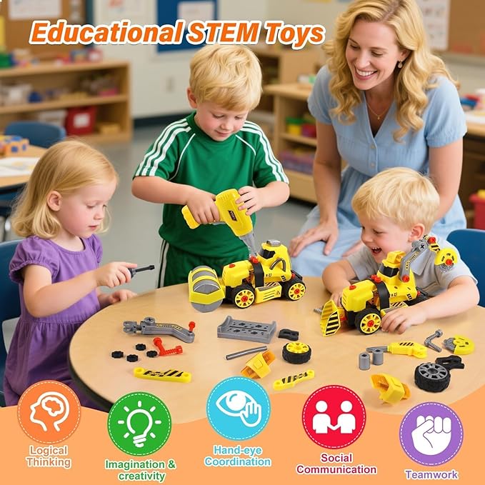 9 in 3 Take Apart Toys with Electric Drill Take Apart Truck Construction Set DIY Engineering Building Push Go STEM Toy Gift for Boys Ages 4-7 Years Old Gift