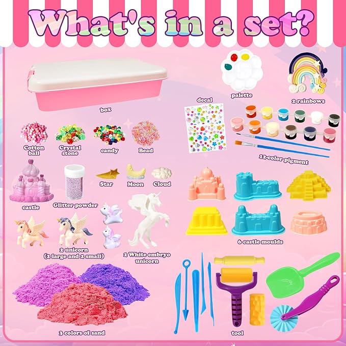 Bbiamsleep Unicorn Sensory Bin, 493 Pcs Unicorn Sand Kit with Sandbox Color Sensory Sand 6 Castle Mould 9 Tools for Birthday Party