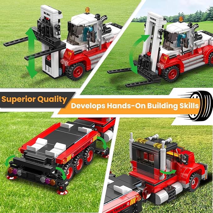 Mould King Trailer Toy Building Block, Realistic American Style Semi Truck Model Building Sets for Boys Girls Ages 8+, 24079 STEM Toy with Forklift Truck, Collectible Model for Adults (906 PCS)