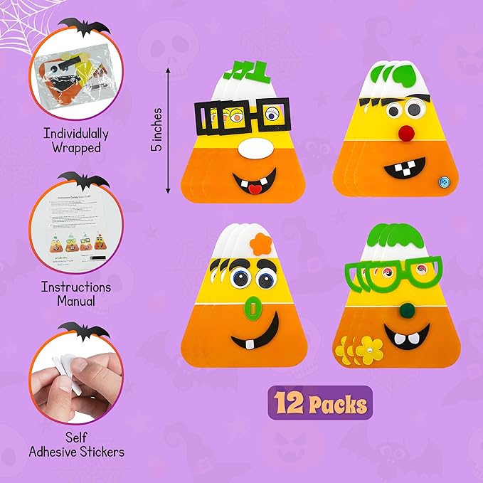 4E's Novelty Halloween Crafts for Kids (12 Pack) Goofy Candy Corn Magnet Foam Craft Kit - Bulk Fall Arts and Crafts for Toddlers, Halloween Classroom Activities for Party