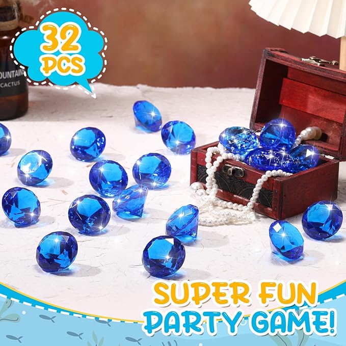 Zomiboo 16 Pcs Acrylic Diamond Large Gems Pirate Round Treasure Toy Gems Treasure Round Gemstones Acrylic Diamond Shaped Gemstones for Home Table Vase Fillers Party Decor (Blue)