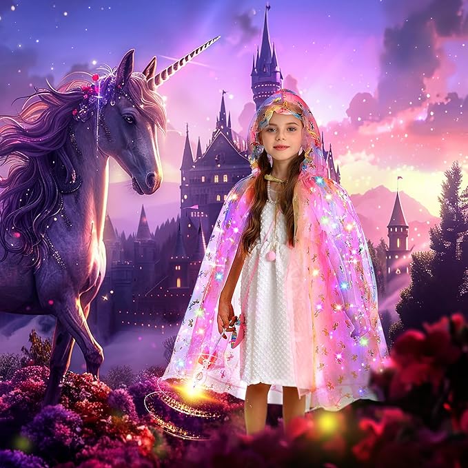 Fedio Princess Dress up for Girls,Unicorn Light up Princess Cape Set,Light up Princess Dress with Unicorn Toys for Girls 3-8 Halloween