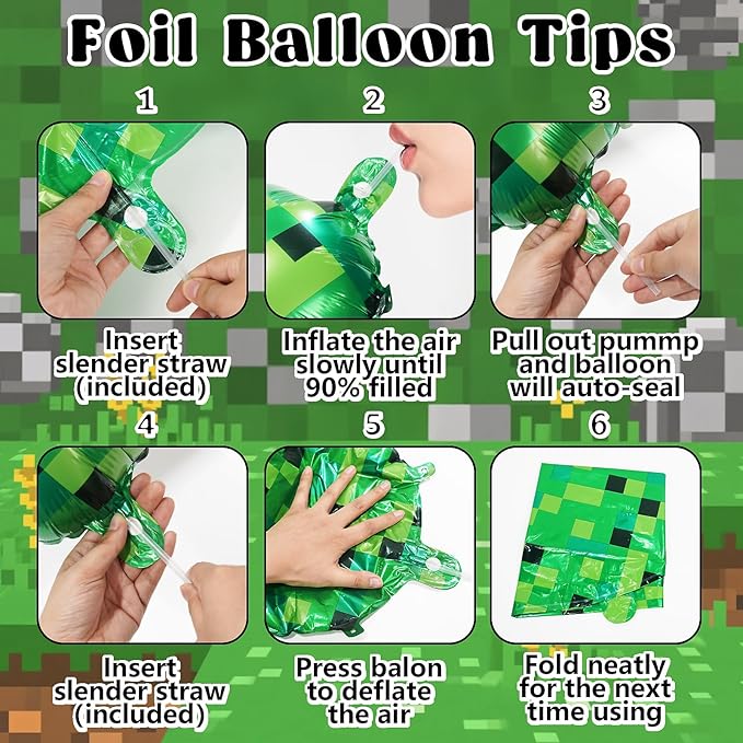 40in Pixel Giant Number 9 Balloon Birthday Decorations, Miner Theme Green Foil Balloons Blast Gaming Party Supplies