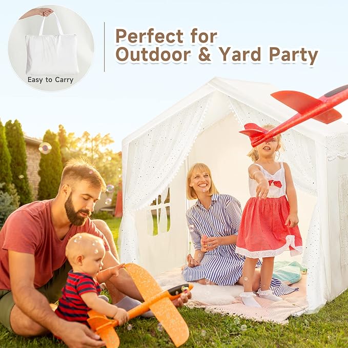 Play Tent for Kids with Star Lights, Large Kids House Indoor & Outdoor, Castle Tent for Girls Decorated Sequin Sparkle Stars, Playhouse with Front & Rear Doors for Toddler, Boho Decor