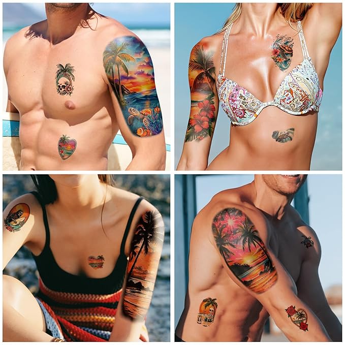 48 Sheets Temporary Tattoos for Adults - Tropical Waterproof Arm Tattoo Stickers with Hawaiian Beach Palm Trees Sunset Flowers, Large Full Arm Fake Tattoo Body Art for Men Women Teens for Summer Party
