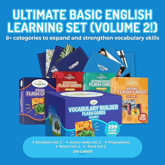 300 Vocabulary Builder Flash Cards Vol 2, Photo Cards Learning Materials for Speech Therapy, ESL, Autism, Homeschool & Kids Includes Emotions, Go Together Opposites, Noun Food, Prepositions, Verbs