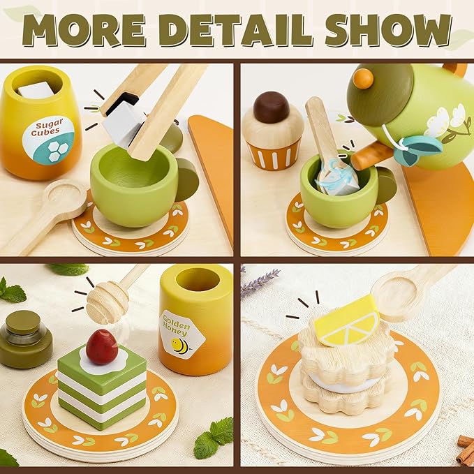 Timber Lulu Tea Sets for Toddlers 3-5, Wooden Play Food Set for Kids, Forest Tea Party Pretend Play for Toddlers 3-5, 4 Year Old Girl Birthday Gifts, Kids Kitchen Accessories
