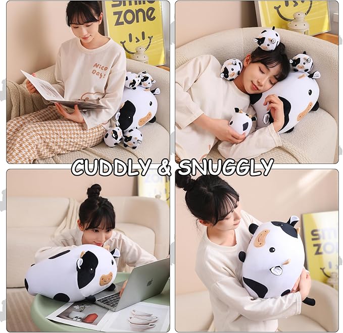 SQEQE Cow Stuffed Animal 5 in 1, Cute Cow Plush Bedtime Toys, Ultra Soft Dairy Cattle with 4 Babies Inside, Milk Cows Soft Plushies Pillow Gift for Kids Birthday Christmas Valentine's
