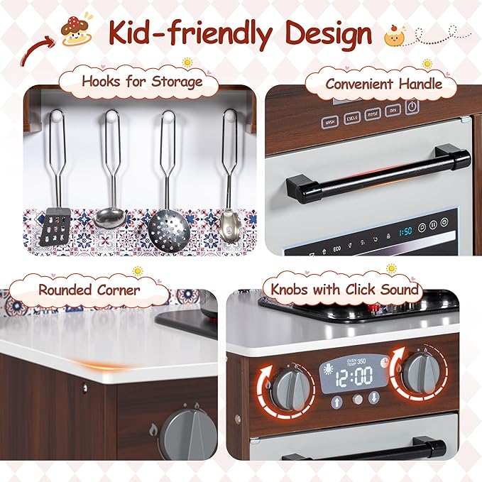 2-Piece Kids Kitchen Playset, Wooden Play Kitchen Set for Toddlers, Modular Pretend Play Kitchen w/Light&Sound Stove Oven, Large Kitchen Cooking Toy w/Refrigerator, Gift for Girls Boys