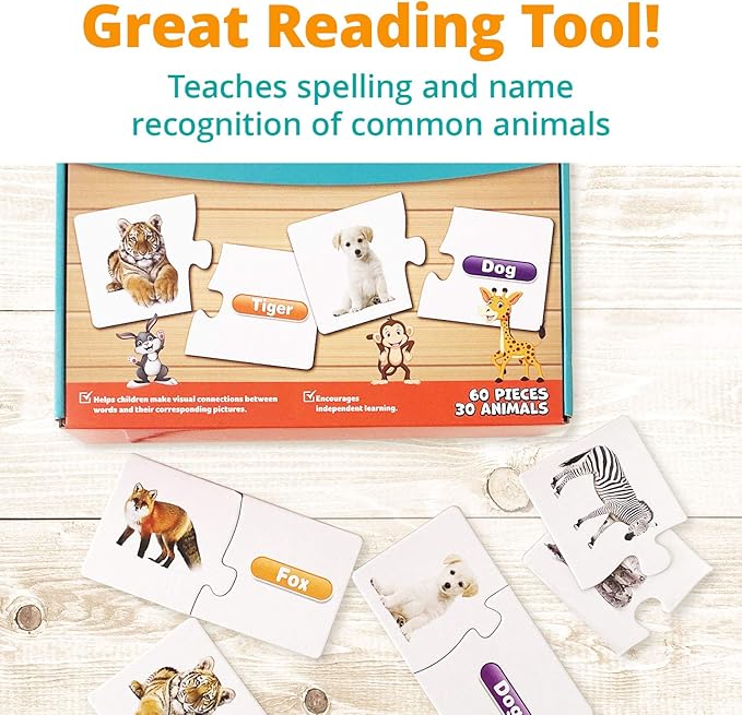 Channie's Cuddly Critters Animal Puzzle - Fun and Educational Preschool Game for Kids Ages 4-8, Toddler Toy with Farm and Dinosaur Theme, Jigsaw Activity Puzzles for Name Recognition and Spelling