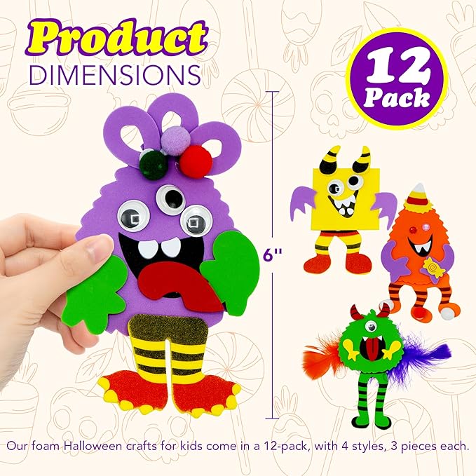 4E's Novelty Halloween Crafts for Kids (12 Pack) Silly Monsters Foam Magnet Fall Crafts Bulk, Halloween Party Activities for Kids Ages 3-5, 4-8