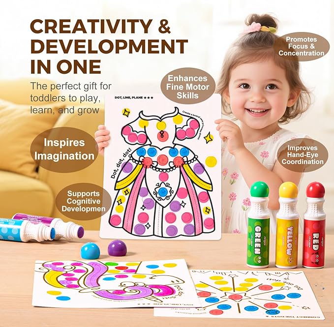 Jar Melo Washable Dot Markers for Toddlers 1-3, 12 Colors Dot Paints with 108 PDF & 20 Physical Activity Papers, Non-Toxic Bingo Daubers for Toddlers 2-4, Kids Arts and Crafts Supplies