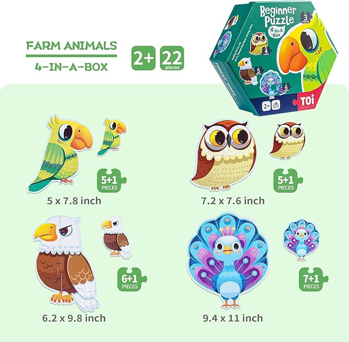 TOI Large Piece Toddler Puzzles for 2-4 Years Old, 4 Packs Beginner Puzzles for Toddlers, Kids Big Shape Preschool Learning Puzzle for Boys Girls Gift, Forest Birds