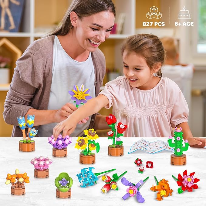 24 Pack Flowers Party Favors for Kids Building Set - 827PCS Succulents 3.6MM Mini Building Blocks Toy for Easter Basket Stuffers, Classroom Prizes, Mother's Day Birthday Gift for Girl Boy Ages 6+
