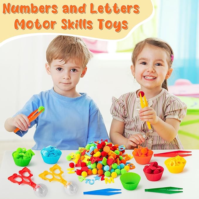 EZdhuawuse Letters Numbers Sensory Bin Fillers - 240Pcs Summer Alphanumeric Fine Motor Skills Toys Color Counting Sorting Set for Kids, Felt Letter Pom Poms Cup Clip for Preschool Education Activities
