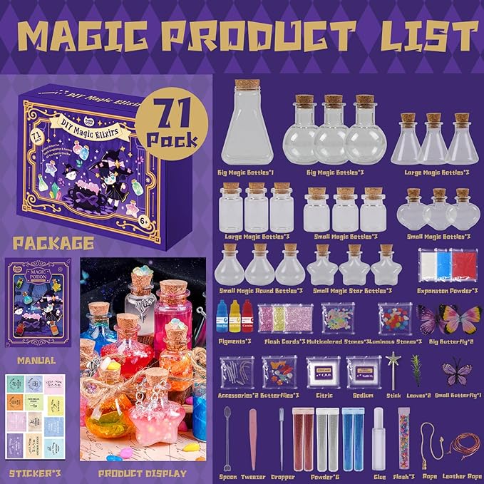KIDDYCOLOR Magic Potion Kit for Kids - 22 Mixed Fairy Potion Bottles, Art Craft & Decoration Toys for Girls Ages 6 7 8 9 10 12+ Year Magical Workshop Kit for Boys Girls Birthday Party Gift, Christmas