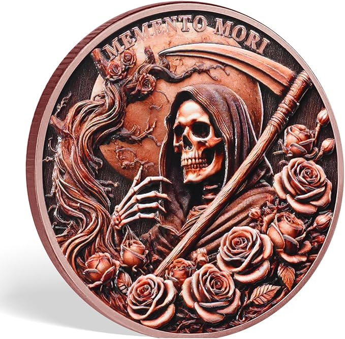 AtSKnSK Memento Mori Coin Momento Mori Coin Skull Coin Stoic Gifts Memento Mori Calendar Living Memento Mori Amor Fati Coin (Dead Tree Rose Skeleton)