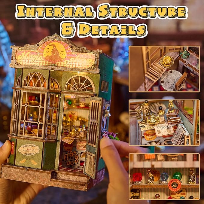 Magic Shop Miniature House Kit,DIY Miniature Dollhouse Kit with LED & Furniture,Mini Diorama House Building Kit for Adults,Tiny House Mini Model Kit Wooden Crafts,Bookshelf & Home Decor Gifts