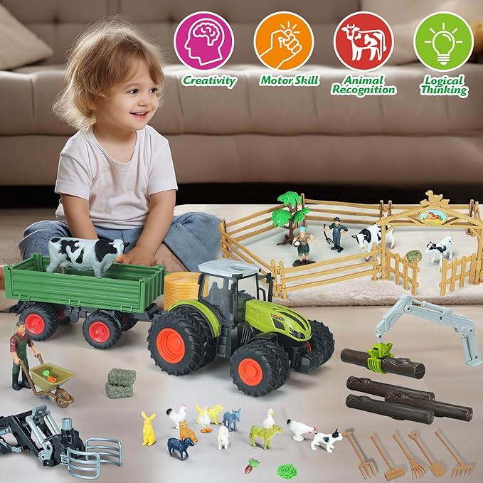 46Pcs Farm Toys, Tractor Toy w/Lights & Sound, Animals Toys for 3 4 5 6 7 8+ Year Old Toddler Girls Boys Kid, Figures Farmer Vehicle Truck Fence Playset Educational Learning Toys