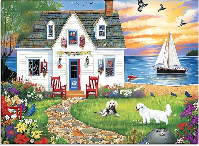 Puzzles for Adults 500 Pieces, Dog Birds Hourse Puzzle, Seaside Jigsaw Puzzles 500 Piece for Adults Kids Seniors, Recycled Cardboard Puzzle for Game Night Family Friends, 20.5x15 in