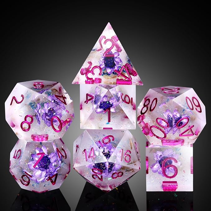 Flower DND Dice ,DNDND Handmade Double-Layers Resin Sharp Edge Die with Gift Case for D&D Dungeons and Dragon Games (Purple Flower)