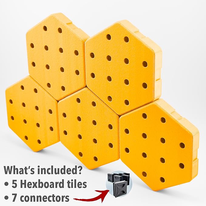 Hexagon Pegboard Tiles, 4.5"x4" each, 5-Pack, Normal-Sized Holes, Make Custom Designs, Easiest to Mount, Expand Existing Pegboard or Fill In Unused Space, Hexboard (Sunshine Yellow, 4 Inch)