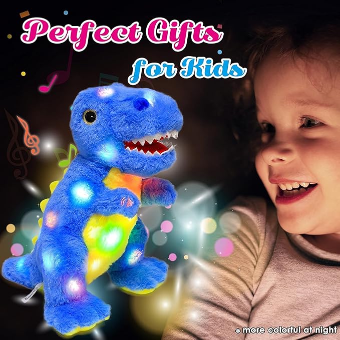 Cuteoy Light-up Singing Plush Blue Dinosaur LED Musical Stuffed Animal T-Rex Adjustable Volume Lullaby Plushies Birthday Christmas Toy Gifts for Kids Toddler Girls, 12"