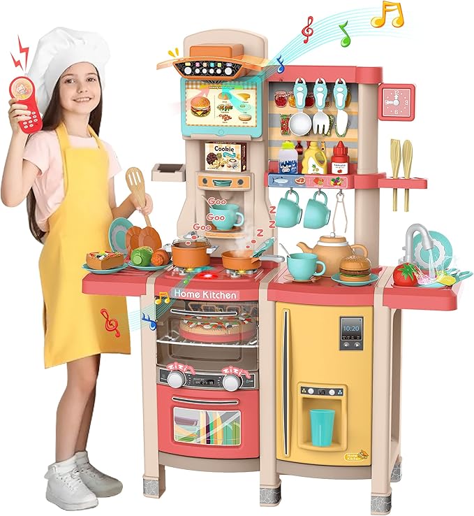 SANDINRAYLI Kids Kitchen Playset,65Pcs Play Kitchen Sets for Kids Ages 4-8, Large Play Kitchen for Toddlers 3-5, Kitchen Toys with Running Water, Plastic Pretend Kitchen for Girl & Boy, Pink