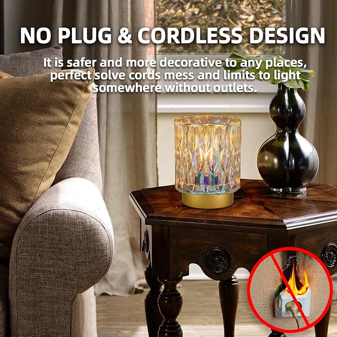 Battery Operated Table Lamps Timer, Mini Crystal Lamp for Area No Plug, Cordless Lamp with LED Bulb for Power Outage, Decorative Lamps for Tabletop/Corner/Entryway/Stairway/Bathroom/Fireplace (PEARL)