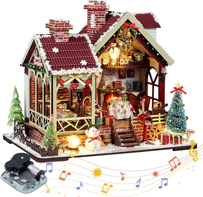 Miniature House Kit – Warm Christmas Lodge, DIY Wooden Dollhouse with LED & Music Box, Tiny House Craft Gift for Teens Families Friends