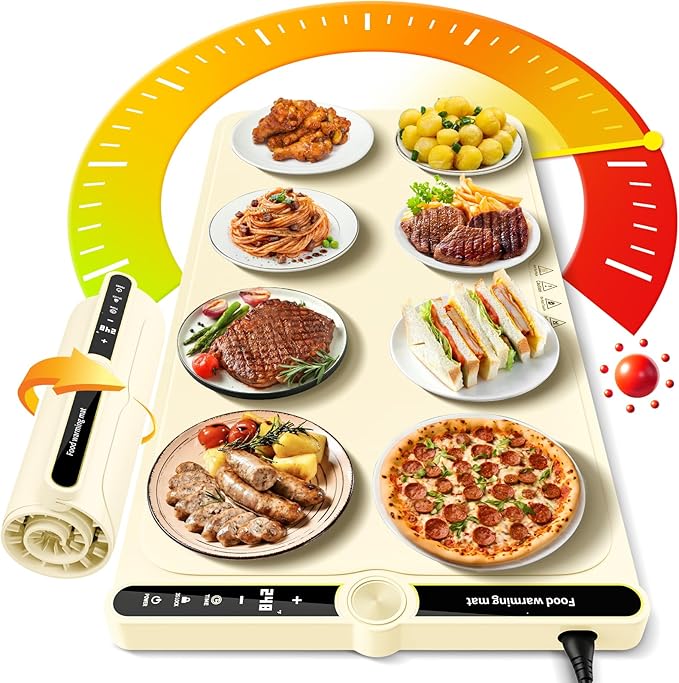 Warming Mat for Food extra large, Silicone Heating Mat For Food, 15"x31.6" Foldable Food Warming Mats for Countertops, Parties, and Daily Use with Timer and 9 Temperature Levels