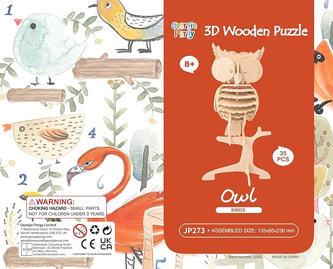 Georgie Porgy 3D Wooden Puzzles for Kids Toys Construction Woodcraft Kits DIY Model Puzzle Kits Birthday Gifts Pack of 6 (Bee Owl Butterfly Unicorn Sea Turtle Dolphin)
