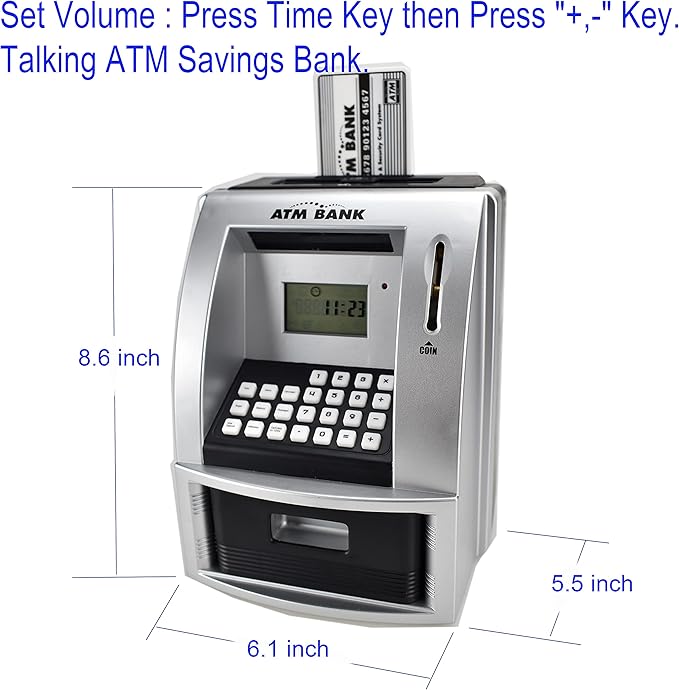 ATM Piggy Bank for Kids, Electronic Money Bank with Coin Counter, Goal Tracker, Password & Card, Auto Bill Intake with Voice Prompts – Compact Savings Gift for Boys & Girls Ages 6–12 (Black)
