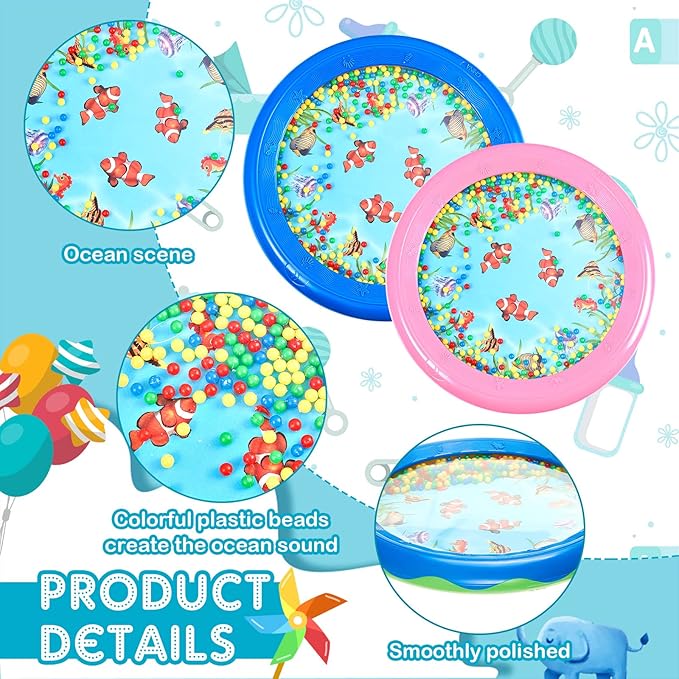 2 Pcs Ocean Drum Wave Bead Ocean Sound Drum Gentle Sea Sound Music Gift Educational Sea Tool Percussion Instruments, Pink and Blue, 7 Inch 8 Inch