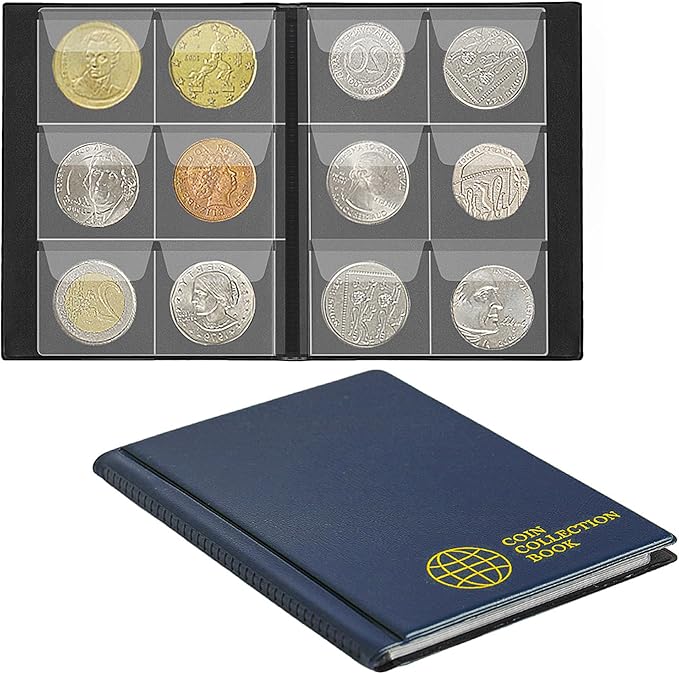 Coin Collection Album 60 Pockets - 4.5x4.5cm/1.8x1.8 inch Coin Holder Book Coin Storage Album Money Penny Pocket for Collectors Blue CS0106BL