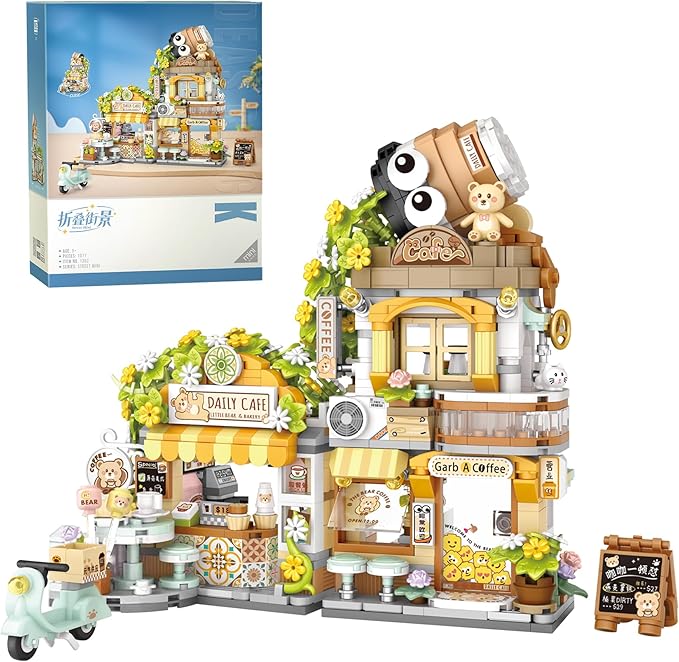 Creative Brick Box Street View-Coffee Shop Mini Building Toy Animals Interactive for Kids, Simulation Architecture Toy for Girls and Boys Ages 6+ - Gift Easter, Birthday, Christmas (1077 PCS)