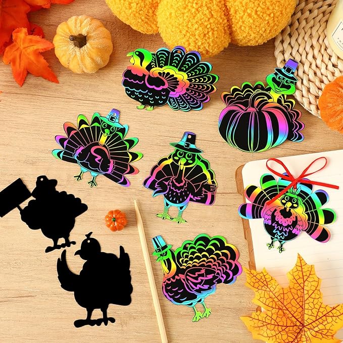 AUGSUN 96Pcs Thanksgiving Fall Crafts, Magic Rainbow Scratch Paper Art Cute Turkey Crafts Activity Gifts Autumn Harvest Thanksgiving Party Favors