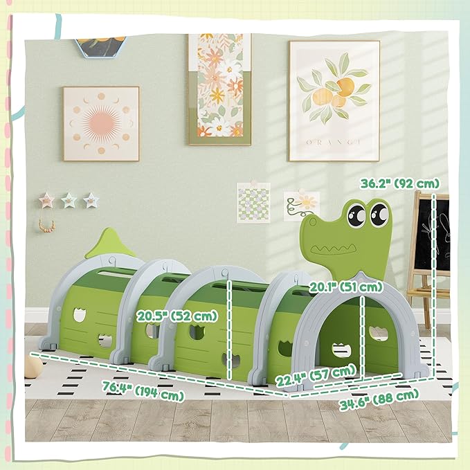 Qaba Crocodile Tunnel, Toddler Tunnel for Kids Crawl and Climb Through, Kids' Play Structure Indoor Outdoor, 4 Sections, Green