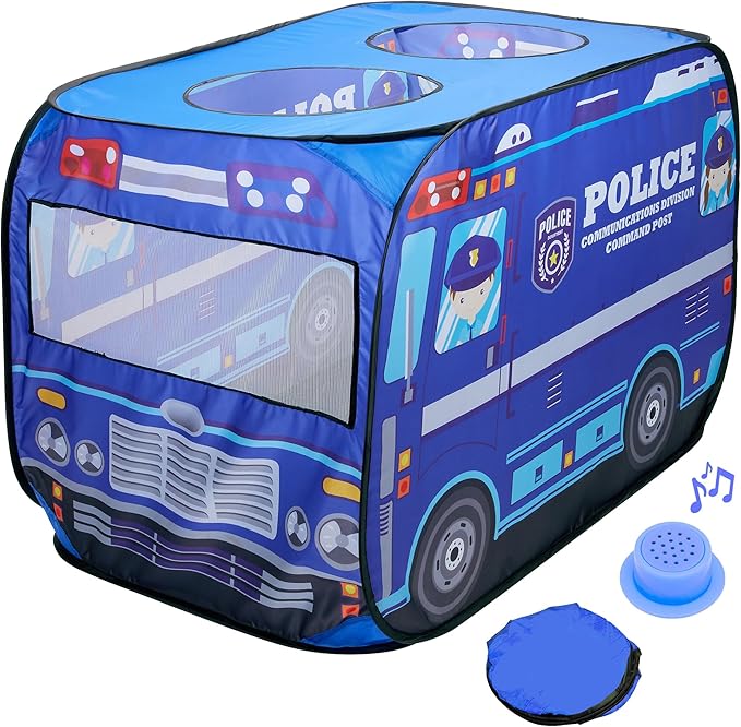Playbees Police Car Pop Up Play Tent with Sound Button Super Hero Playhouse for Interactive Fun Play Toys & Gifts for Kids Toddlers Boys Girls Pop Up Car Tent Foldable Quick Setup - Indoor & Outdoor