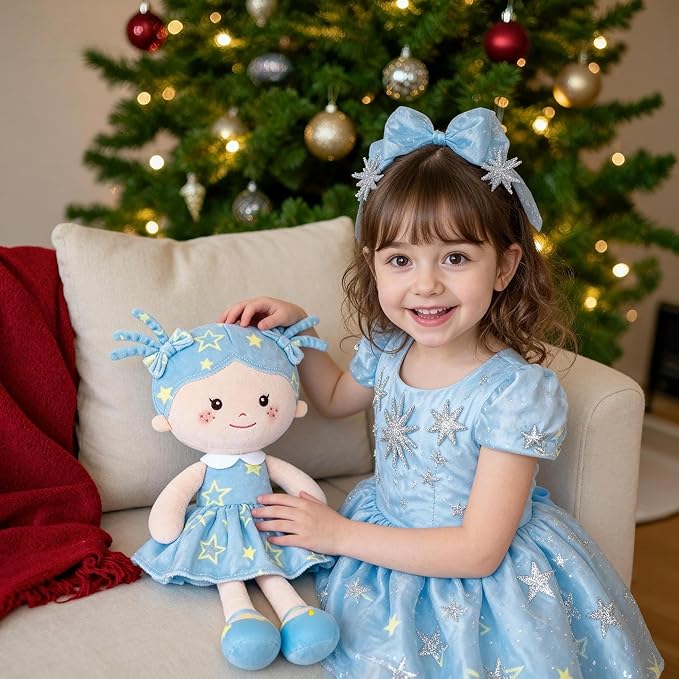 Onetoo First Baby Doll Plush Rag Doll Baby Girls Dolls Soft Baby Doll for Girls Wear Star Blue Sleeveless Dress 14"