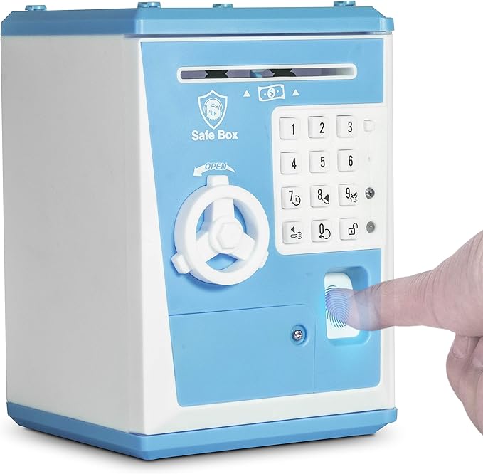 Toy Safe Box, Electronic ATM Piggy Bank, Money Coin Savings Bank, Finger Print Scanner Lock, Great Gift for Children Kids (Blue/White)