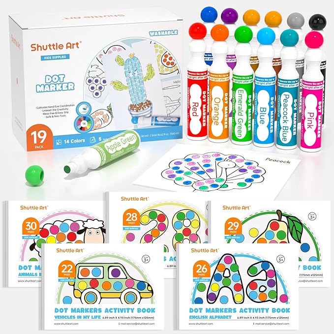 Shuttle Art Dot Markers, 14 Colors Bingo Daubers with 135 Patterns, 5 Activity Books, Educational Set With Art Activities,Non-Toxic Washable Coloring Markers