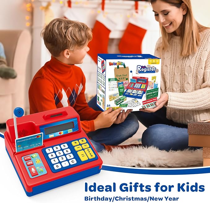 Calculator Cash Register Toy Gift for Kids Age 3, 4, 5, 6, 7, 8+ Year Old, 120 Pcs Grocery Store Playset with Microphone, Grocery Boxes, Credit Card, Red Play Cash Register for Toddlers Kids 4-8