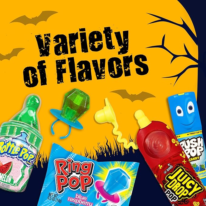 Halloween Candy Variety Pack Bag, 12 Count Assorted Lollipops, Bulk Individually Wrapped Ring Pop, Push Pop, Baby Bottle Pop & Juicy Drop For Birthday Party Favors, Trick or Treat, Bowls, Kids Gifts
