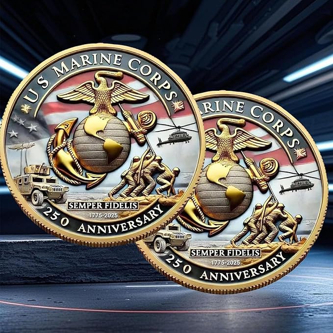 USMC 250th Anniversary Challenge Coin – 1.57" Double-Sided Gold-Plated Marine Corps Commemorative Coin – Military Gift for Veterans, Collectors, and Service Members(3pcs)