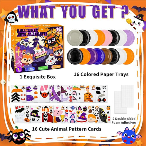 16 Pack Arts and Crafts for Kids, Toddler Crafts Animal Paper Plate Art Kit Gift for 3 4 5 6 Year Old Boys Girls DIY Kids for Birthday Party Favor Preschool Classroom Party Games (Halloween)
