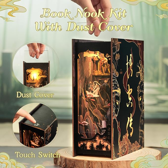 Fsolis Book Nook Kit, DIY Miniature House Kit 3D Wooden Puzzle Craft Kit for Adults Bookshelf Nook Decor Decorative Bookend Gifts for Book Lovers- The Legend of Wukong (No Glue Required)
