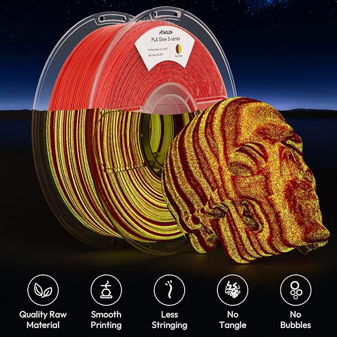 AMOLEN PLA 3D Printer Filament 1.75mm, Glow in the Dark Shiny Multicolor Red Yellow Filament, Fast Color Change Filament for 3D Printer, Best with UV Lamps, 1kg Spool, Dimensional Accuracy +/- 0.02 mm